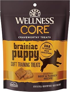 Wellness CORE Grain-Free Puppy Training Treats, Brainiac Beef & Turkey, DHA for Brain Development, Soft Bites - 6oz Bag