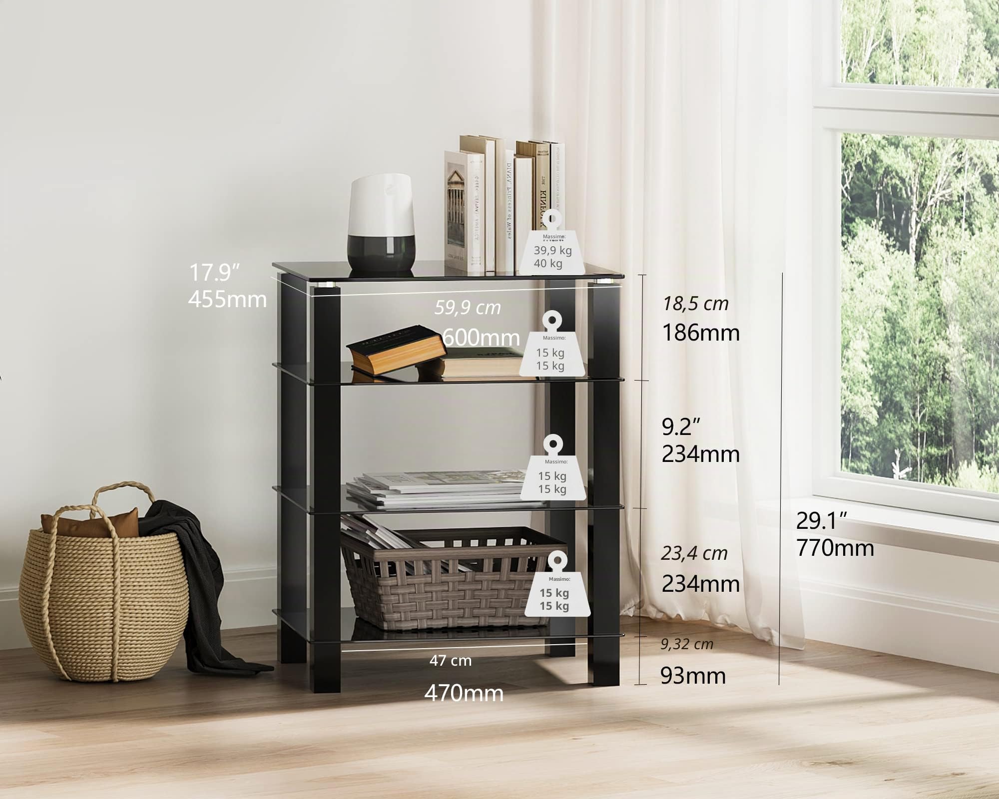 FITUEYES Supporto HIFI con 4 Ripiani in Vetro Nero, Rack HiFi ad Altezza Regolabile, Mobile Giradischi 60 × 46 × 77 cm, Carico 40 kg, per Amplificatore/Giradischi