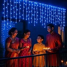 MIRADH Icicle Diwali Lights Outdoor, 10ft 96 LED with 16 Drops Icicle Lights, Plug in Lights with 8 Modes Waterproof for Decoartion Light for Diwali, Christmas, Birthday, Ganesh Puja (Blue)