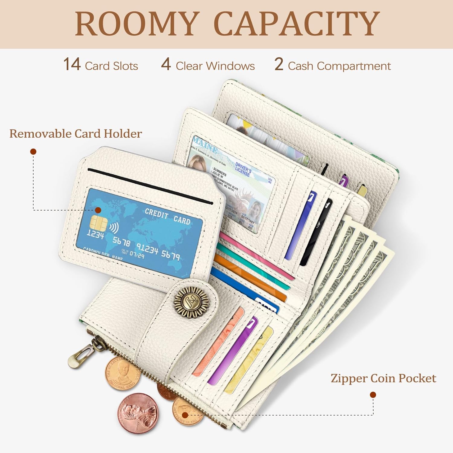 Sage Green Bow Small Wallet Women RFID Blocking Bifold, Cute Credit Card Holder, Zipper Coin Pocket, PU Leather, Compact, Travel, 4 ID Window, 14 Card Slots, Cash Purse, Ladies Woman Female - Image 2