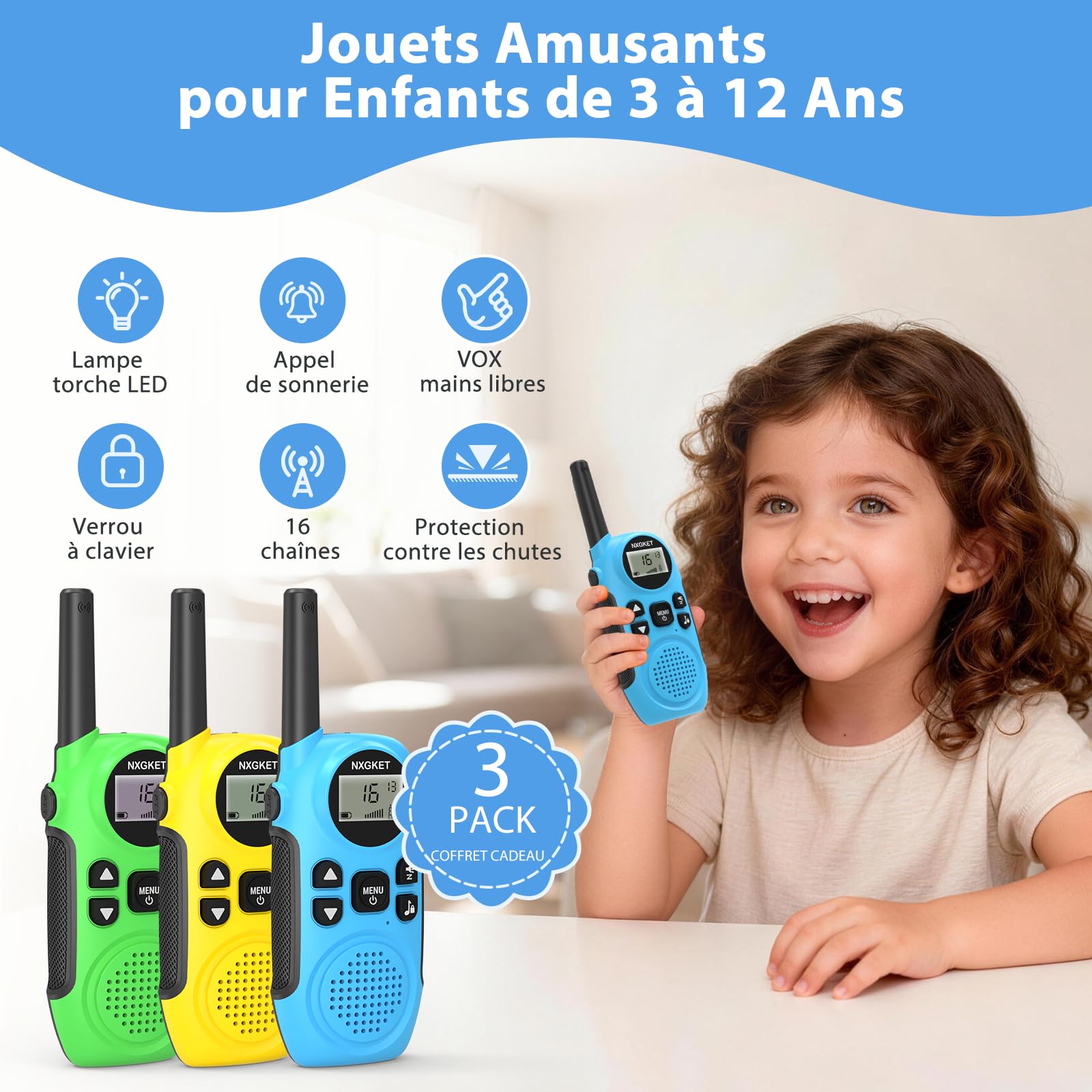 NXGKET Talkie Walkie Enfants Rechargeable, Longue Portée de 3 Kilomètres, Talkie-Walkie avec Lampe Torche, Idéal pour Le Camping, Cyclisme et la Randonnée, Jouets pour Garçons et Filles de 3-12 Ans