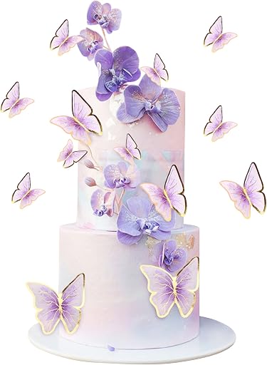 30Pcs 2D Waterproof Purple Butterfly Cake Topper Transparent Golden Butterflies Cupcake Toppers for Butterfly Birthday Wedding Floral Cake Decorartions Butterflies Wall Decorations Party Supplies