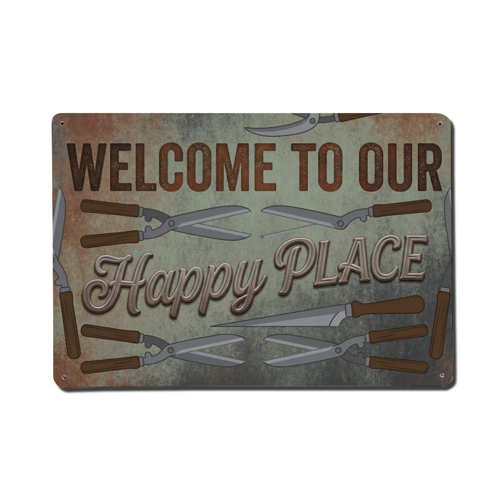 Okngb Style Silverberry Fruit Welcome Happy Place Cottage Garden Metal Tin Sign Plaque Wall Decor For Cafe, Man Cave, Club Bar, Office, Home Garden Round Metal Poster 8X12inch
