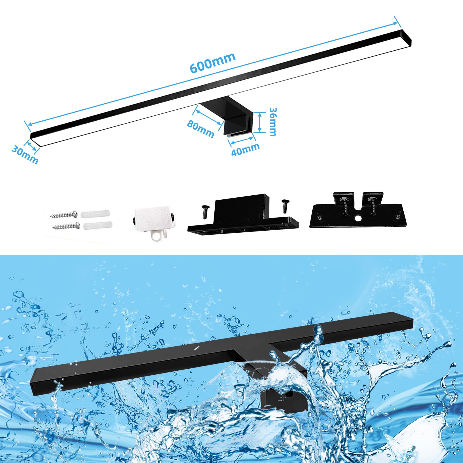 Luce Specchio Bagno LED 60cm - 13W, 4000K Luce Naturale, Nero Opaco, IP44 Impermeabile - Foto 4