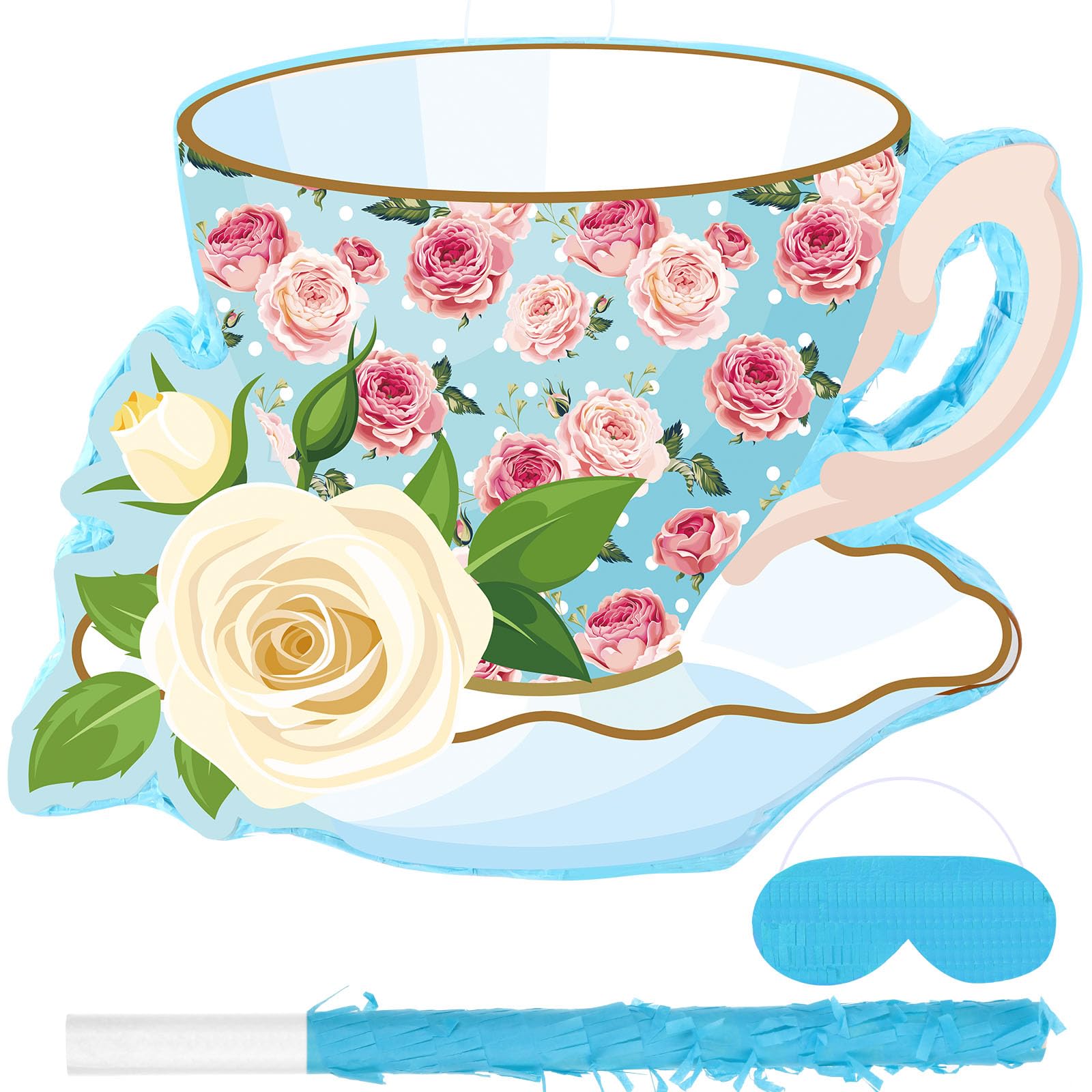 Aoriher 4 Piezas Set de Piñata de Fiesta de Té Decoración de Fiesta Temática de Flor Piñata de Tetera Taza Pequeña Venda de Ojos Palo y Confeti para Suministro Recuerdo Cumpleaños Niños (Taza de Té)