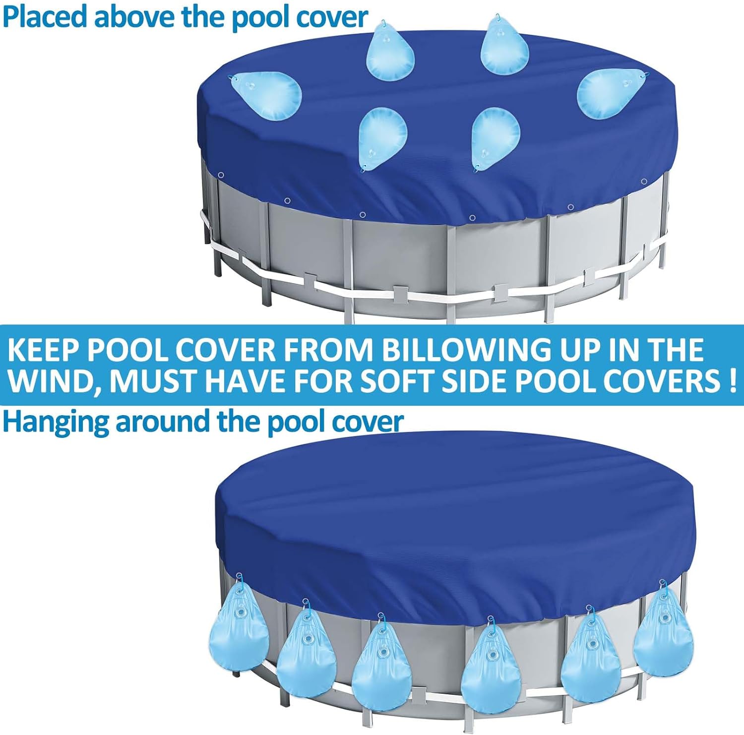 16 PCS Pool Cover Weights Water Bag Winter Antifreezing Heavy Duty Pool Cover Hanging Weights Pillow Thick PVC Windproof Tarp Water Bags with Hook for Outdoor Above Ground Swimming Pool Closing Kit
