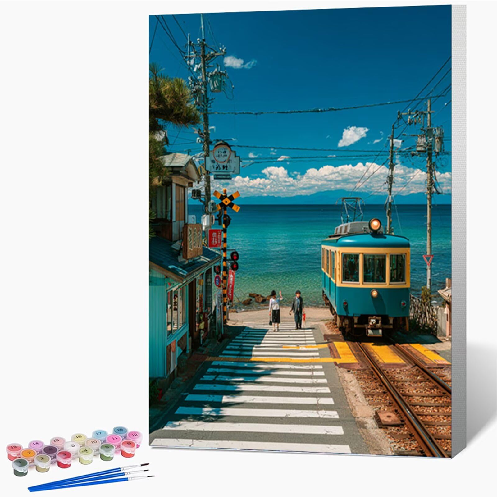 Peinture Numero Adulte avec Cadre Train, Vue Sur La Mer Peinture Numero Enfant Kits, Loisirs Créatifs Adultes Kits avec Pinceaux et Pigment Acryliques, DIY Paint by Numbers, Cadeau, 90x110cm 4-3819
