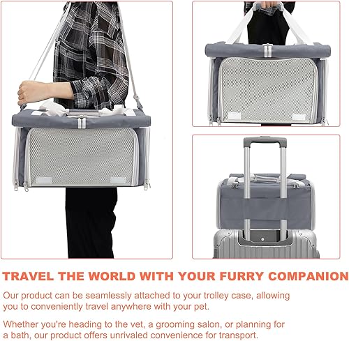 Miniatura 7 de Texsens Transportador de gatos grande para mascotas, suave para 2 gatos, transportador de mascotas para gatos, bolsa plegable para gatos en el