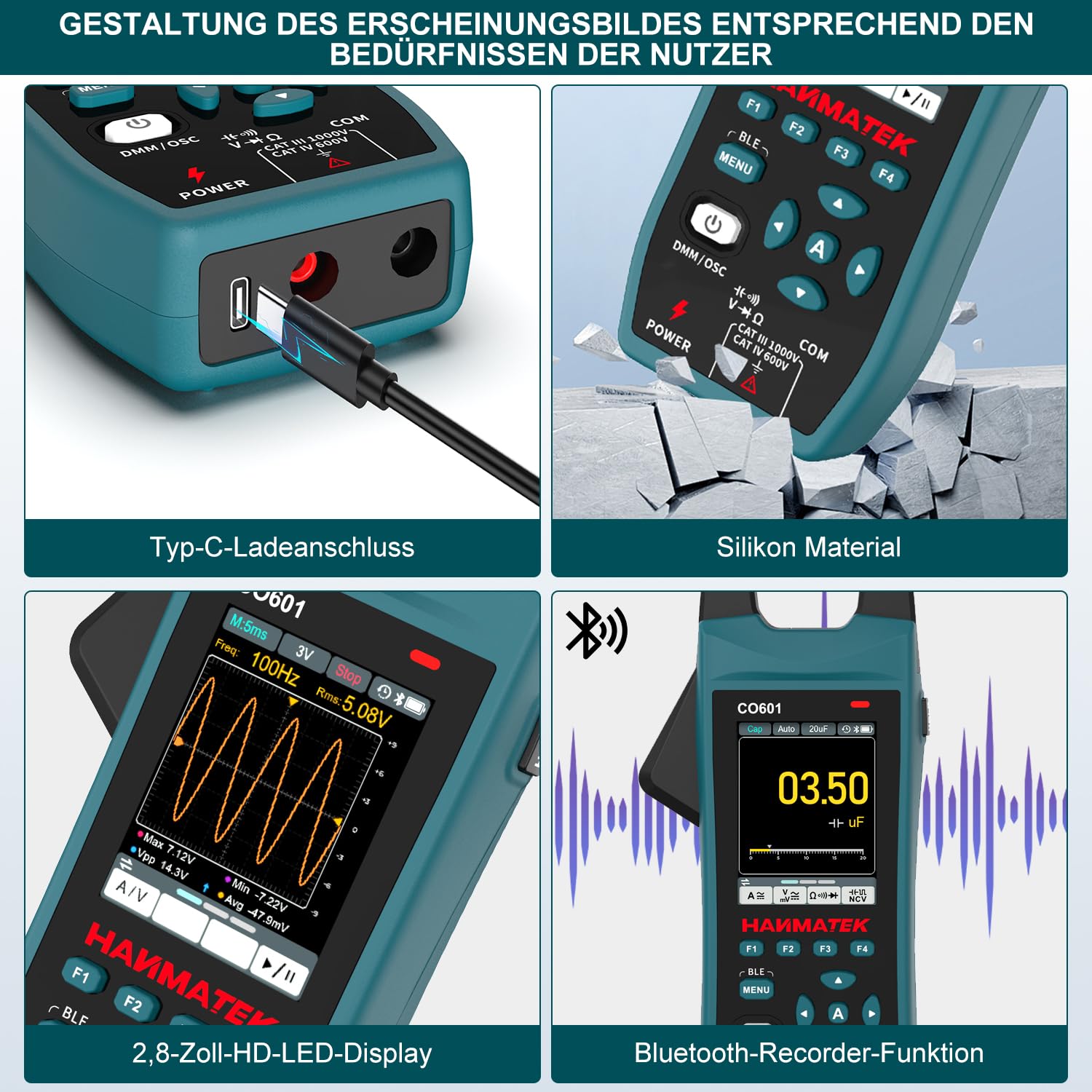HANMATEK CO601 Zangenoszilloskop,5.0MSa/s,600A AC/DC Strommessung,1000V Spannungserkennung,Auto/Manuell Bereich, Datenaufzeichnung,NCV,Akku, APP