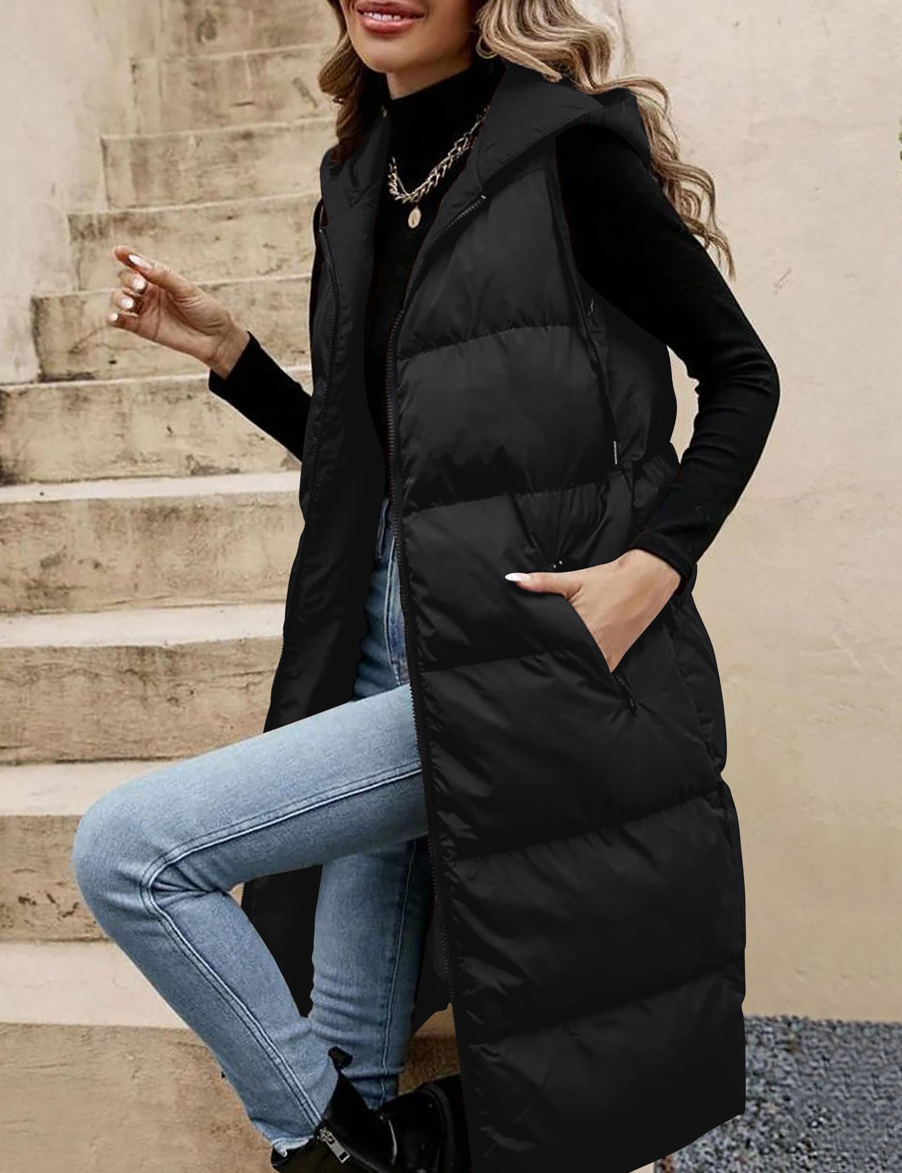 Fengbay Chaleco Largo Acolchado para Mujer, Chaleco Sin Mangas con Capucha Ajustable, Relleno de Plumón Ligero, Abrigo Invierno con Bolsillos, Cálido y Elegante para Calle, Viaje y Exterior