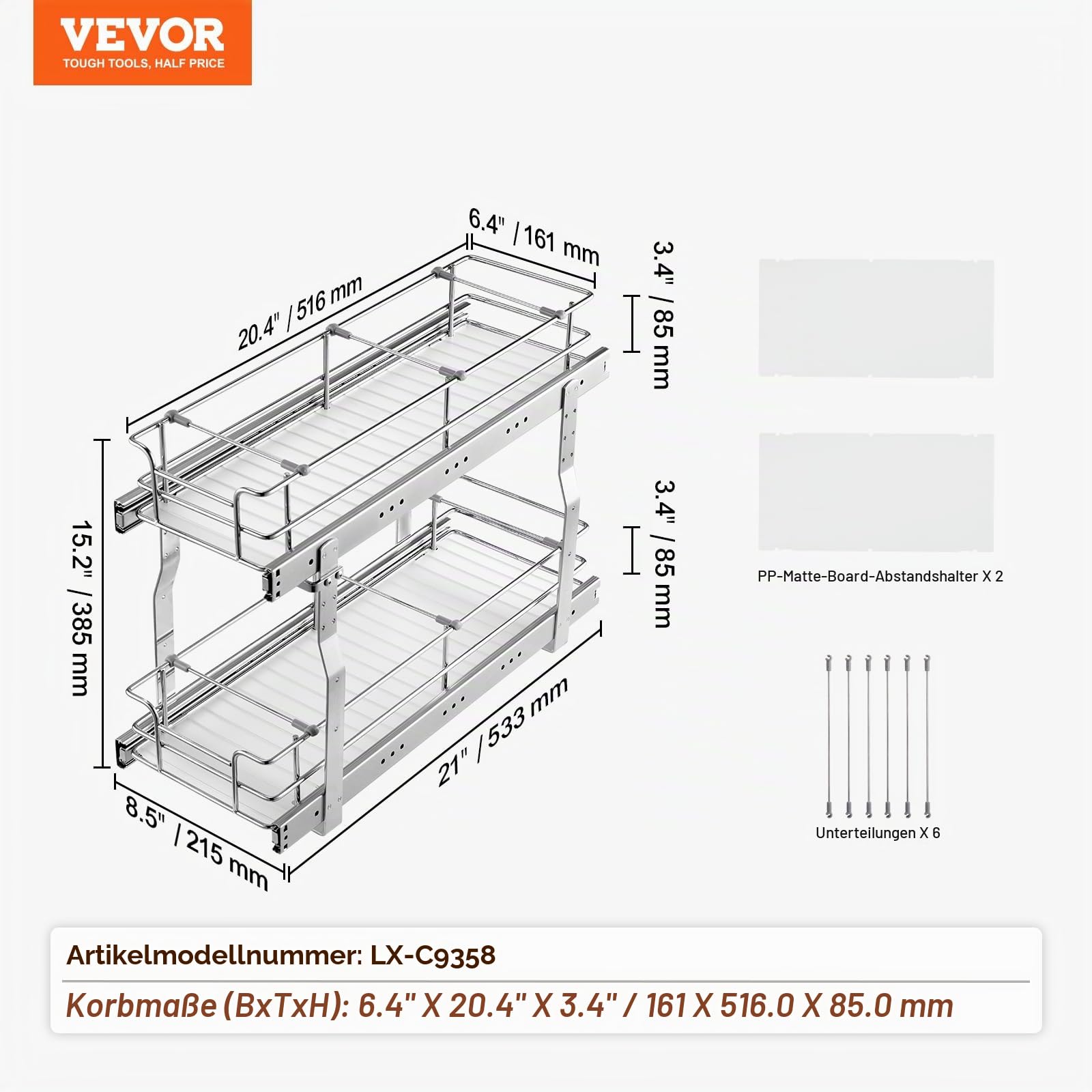 VEVOR Ausziehbarer Spülschrank-Organizer mit 2 Ebenen unter Waschbecken (215x533x385 mm) Gewürzregal Küchenregal Lagerregal Organizer für Küche Badezimmer 245x563x485 mm (Einbaumaß)