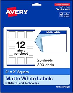 Avery Matte White Square Labels, Sure Feed Technology, 2" x 2", 300 Matte White Printable Labels