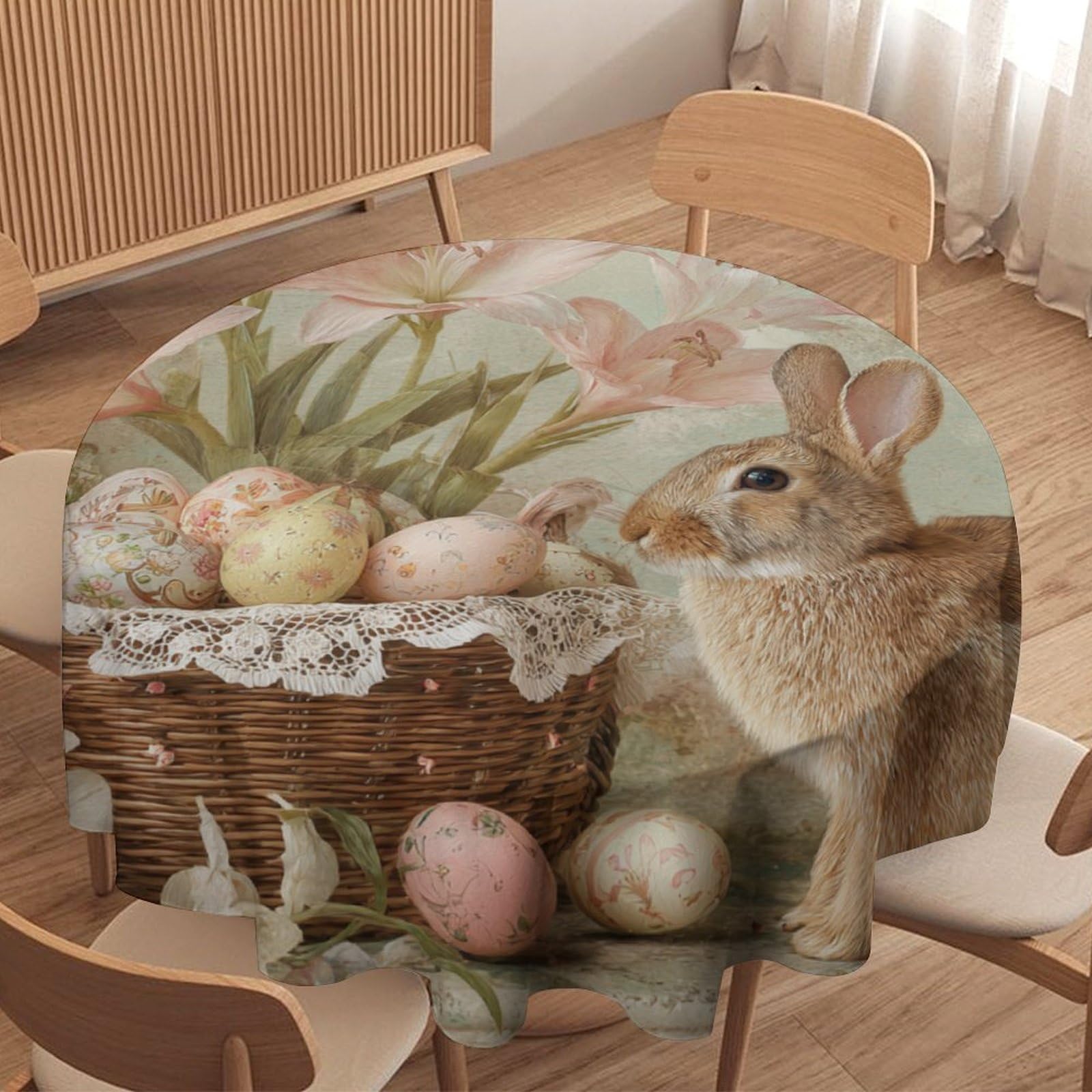 LUYYSKY Modern Abstract Cute Rabbit Waterproof Round Tablecloth Beautiful Classic Easter Animal Bunny Plant Lilies Colorful Eggs Washable Table Cover for Kitchen-152.4" Wx152.4 L cm