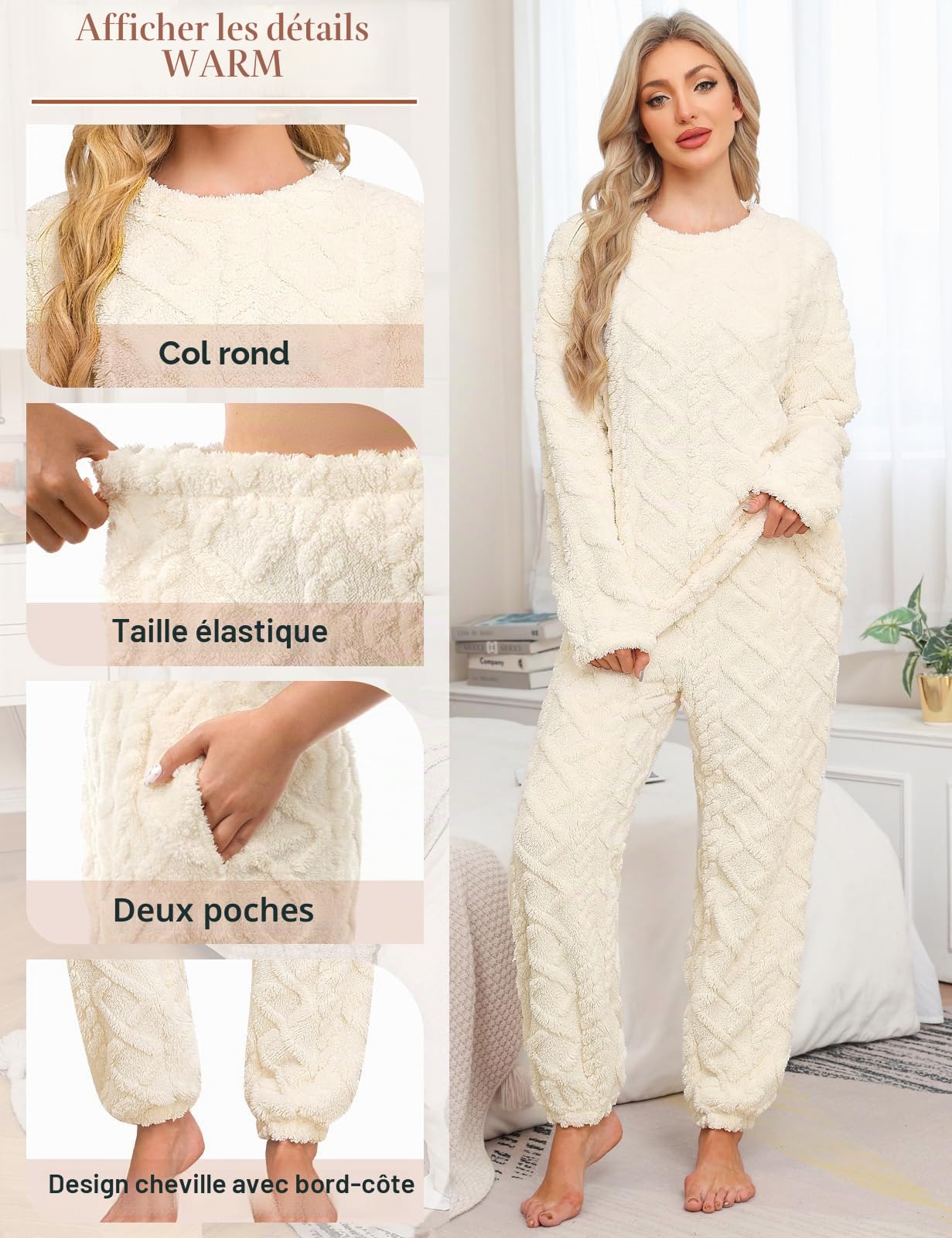 Niwicee Pyjama Femme Hiver Polaire Ensemble de Pyjama Chaud Doux Vêtements de Nuit Femme Pyjama 2 Pièces Manches Longues de Hauts Pantalon avec 2 Poches