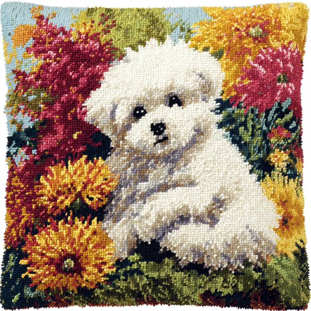 Taxpy Latch Hook Kits,Bichon Frise and Flowers 17X17 DIY Pillowcase Hook and Latch Kit, Handmade Needlework Cushion Cover, Crochet Sofa Decoration, Relaxing Craft Activity