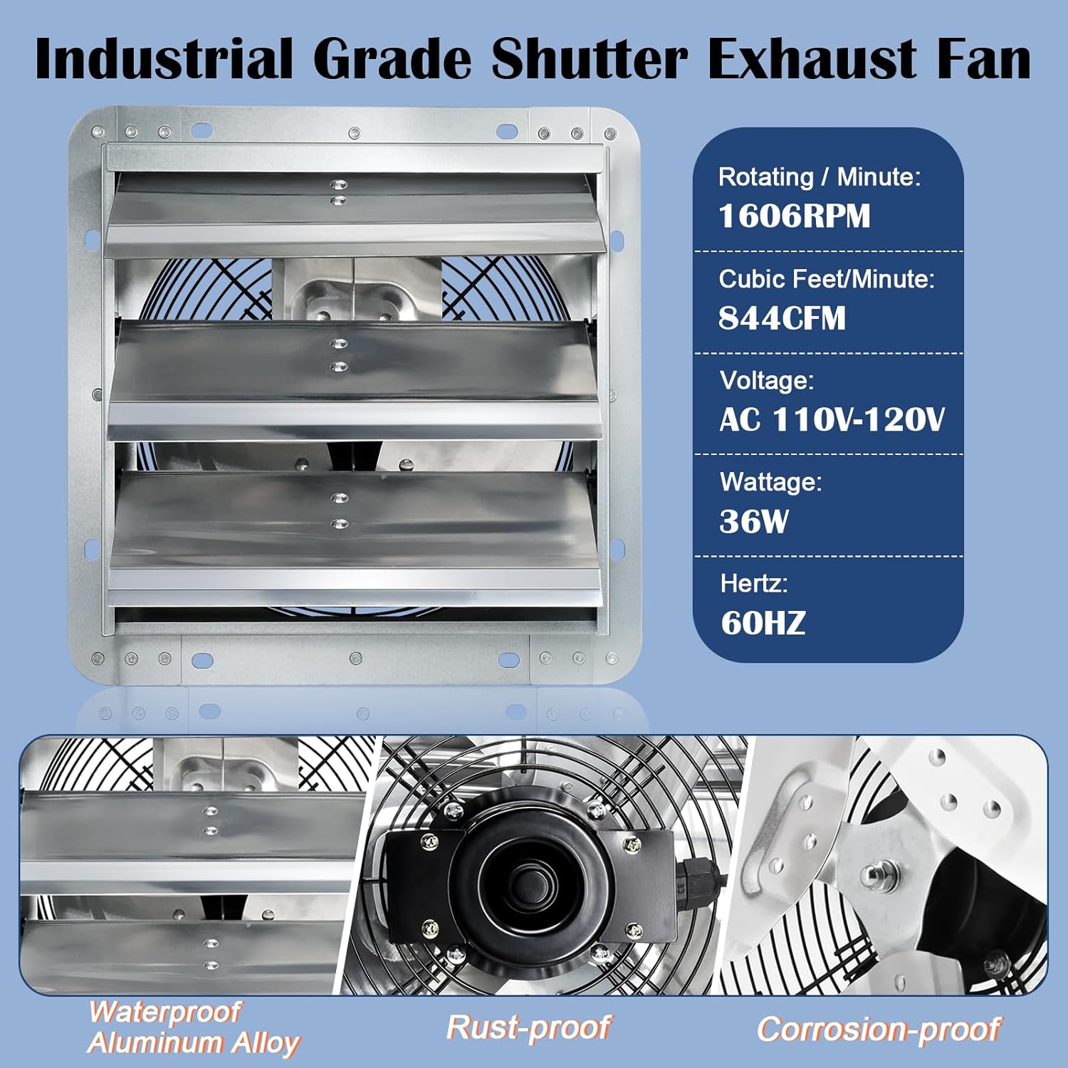 Hiorucet 10 Inch Wall Mounted Shutter Exhaust Fan with 1.8 Meters Power Cord, 844CFM Low Noise Aluminum Louvered Exhaust Fan for Greenhouse, Garage, Shop, Attics, Shed, Chicken Coop Ventilation Fan.