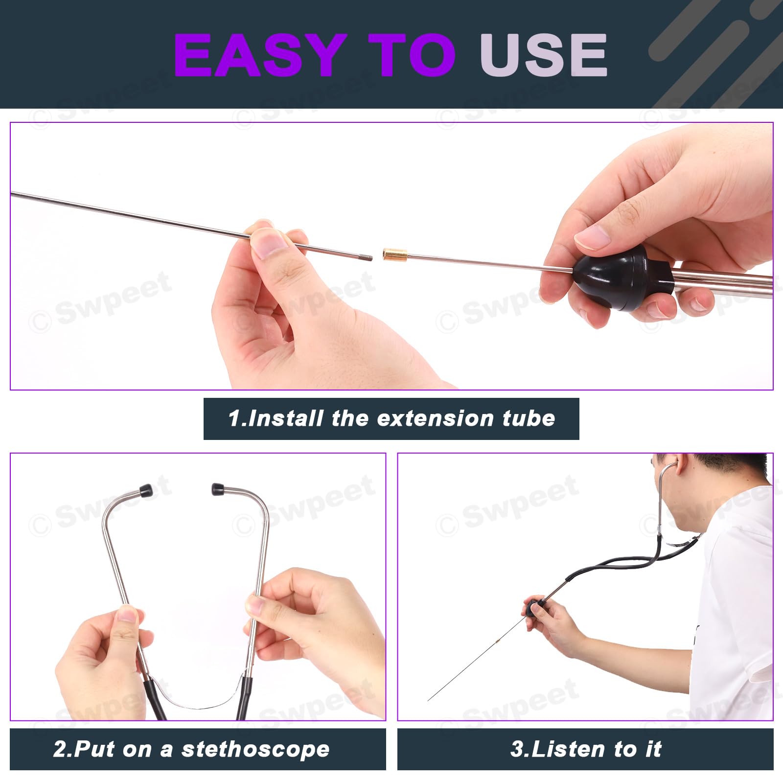 Swpeet 2Pcs Automotive Acciaio Inox Cilindro Meccanico Stetoscopio Motore Kit include Gomma Buds Sonda Tubo, Strumento Diagnostico per Auto, Camion e Moto, Motore Tester (Nero)