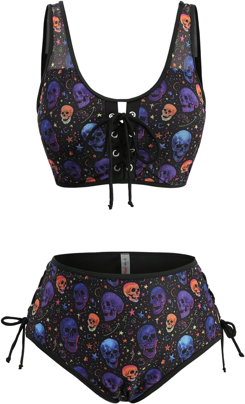 ROSE GAL Women Plus Size Gothic Bikini Sets Skull Stars Print Two Piece Bathing Suits Lace-up Swimwear