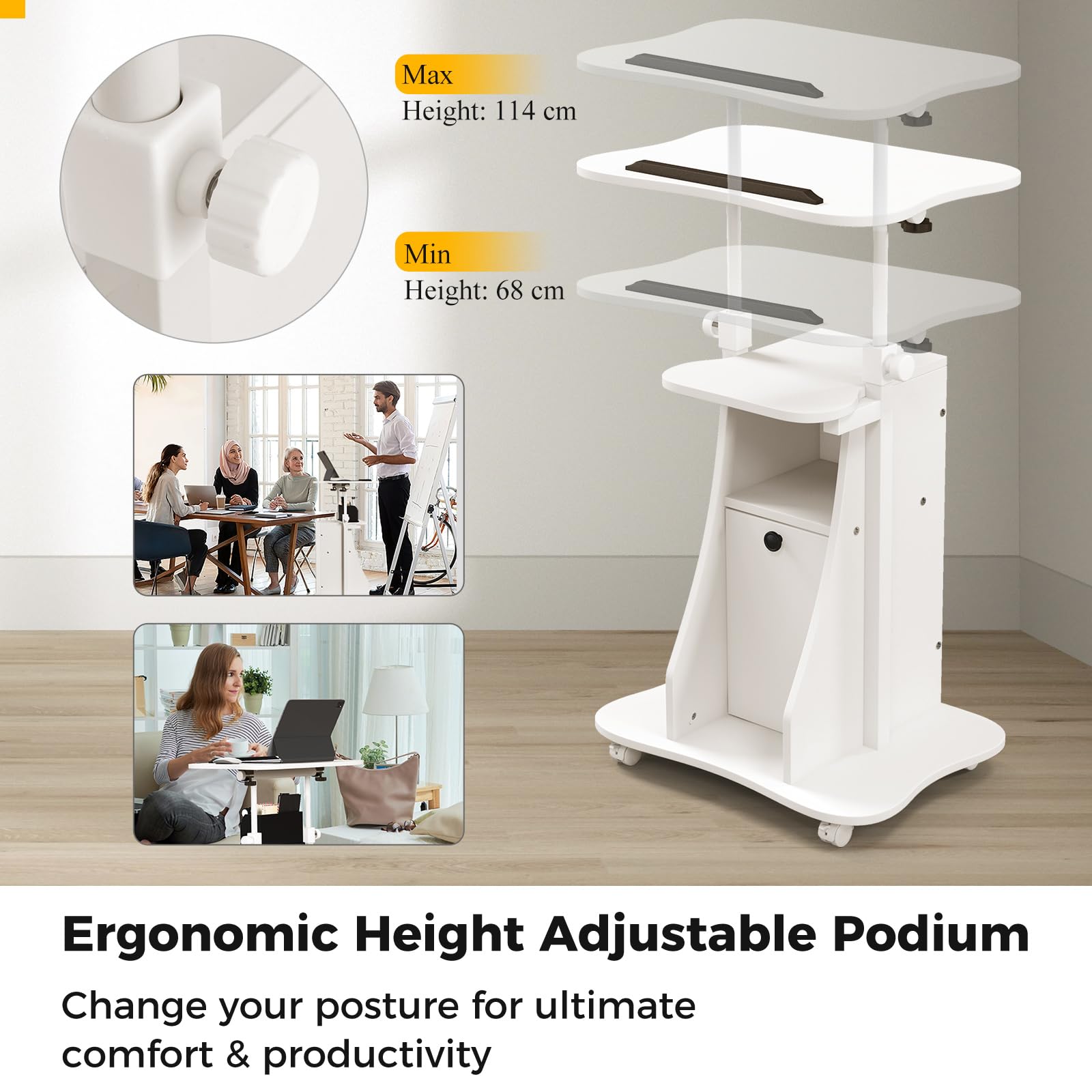LIFEZEAL Podium, Pupitre de conférence, 2 étages, 4 roues, 2 compartiments, inclinable, hauteur réglable, table de présentations, bureau de discours publics, porte PC, salle, 55 x 40 x 68 – 114 cm
