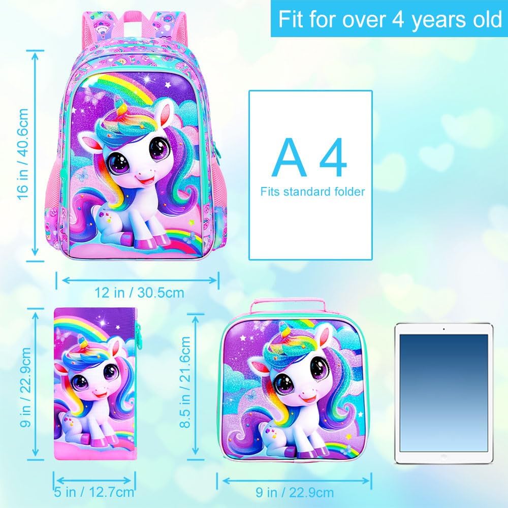 3Pcs Unicorn Backpack for Girls, 16" School Backpacks Set for Elementary Preschool Kindergarten, Kids Bookbag with Lunch Box(Pink) - Image 4
