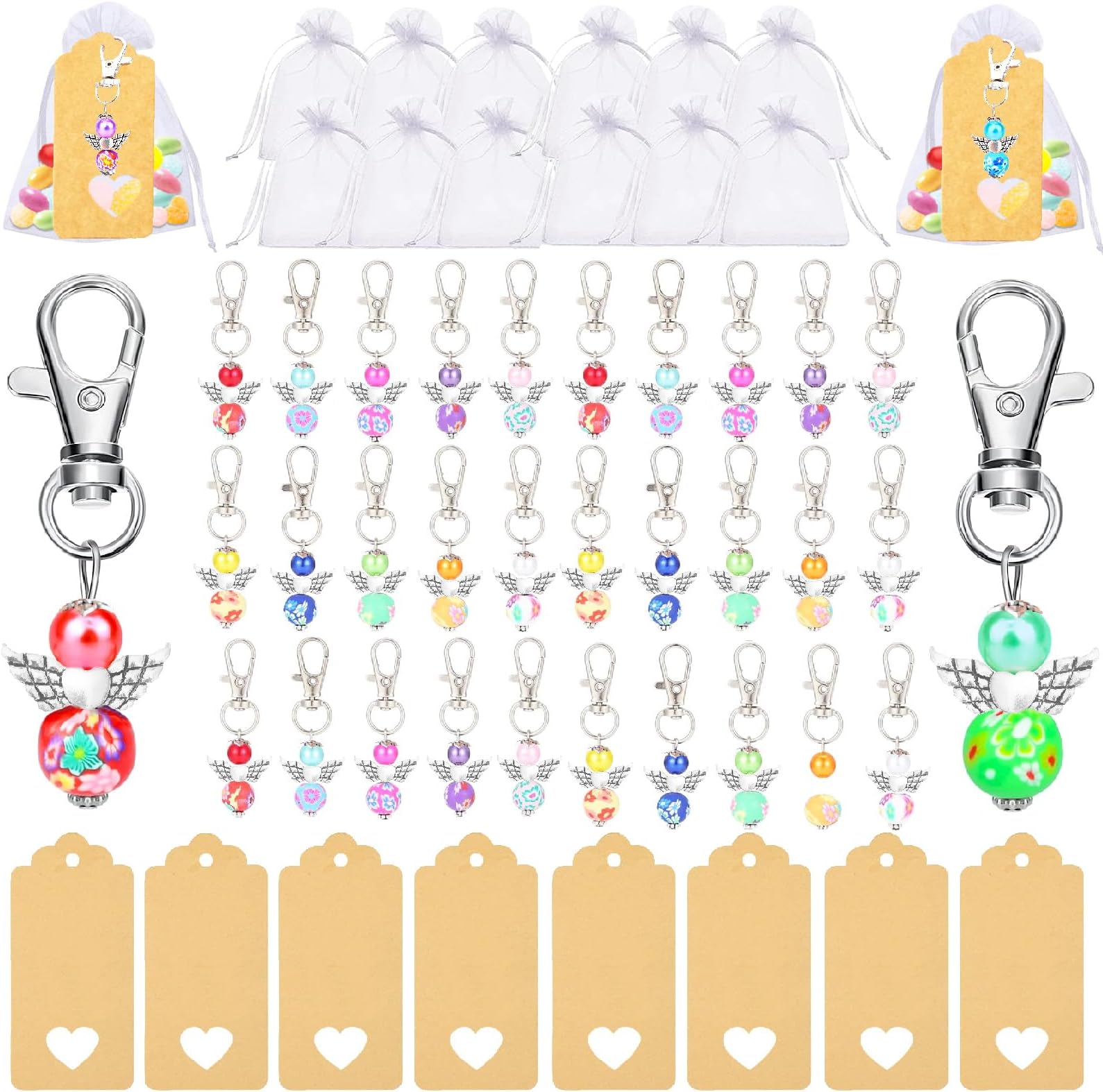 120pcs Guardian Angel Keychains with Keyring Organza Bags for Teacher Nurse Guest Baby Shower Wedding Christening