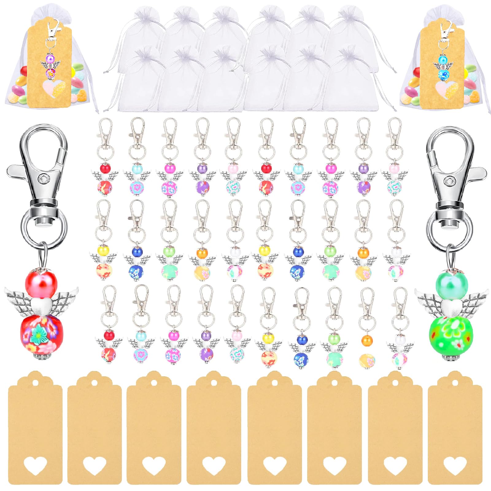 120pcs Guardian Angel Keychains with Keyring Organza Bags for Teacher Nurse Guest Baby Shower Wedding Christening
