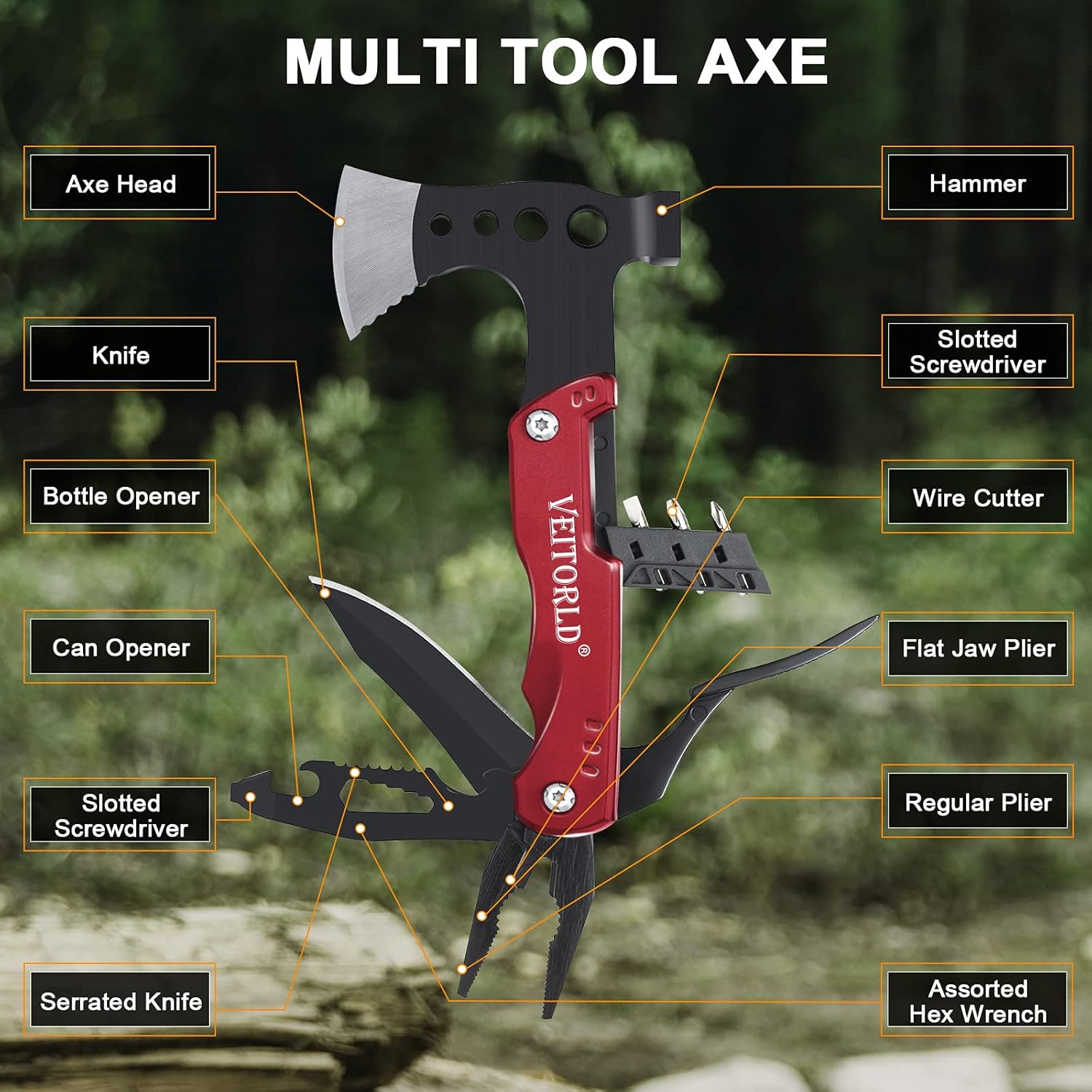 VEITORLD Survival Tools Axe Hammer Multitool, Stocking Stuffers for Men, Cool Gadgets, Mens Gifts for Christmas, Dad Gifts for Men Who Have Everything, Hiking Hunting Gifts for Him Husband Boyfriend