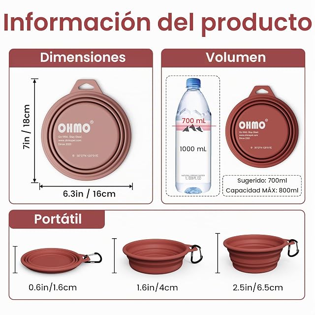 Foto 2 de 6 de OHMO Bebedero Perro Portátil con Anillo de Acero Inoxidable Integrado (2 uds., 800ml, Erythrinus+Rosa)