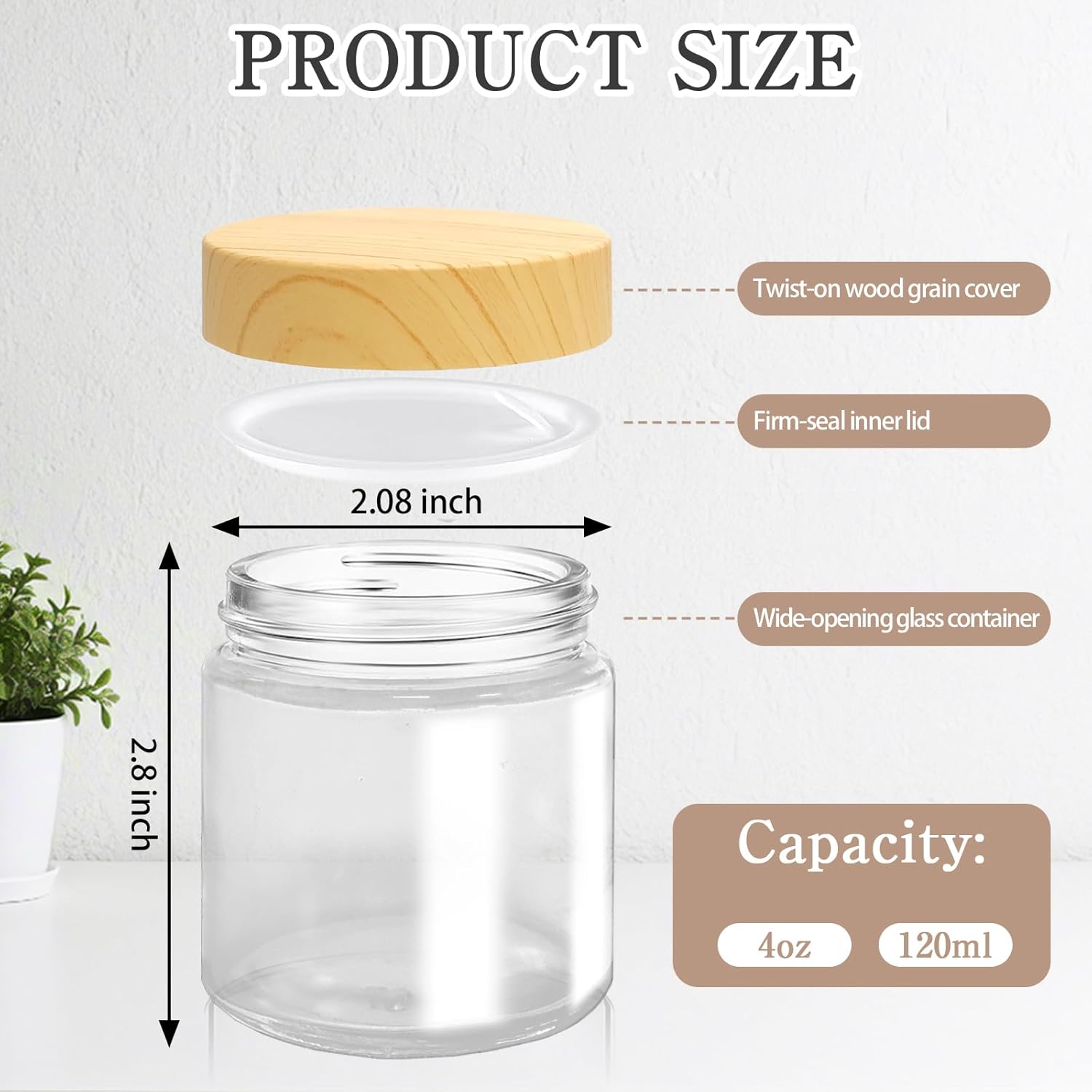 25 Pcs Glass Jars with Lids and Lnner Iiners 4 Oz Empty Small Containers Plastic Woodgrain Round Airtight Cosmetic Jars Reusable Glass Bottles for Travel