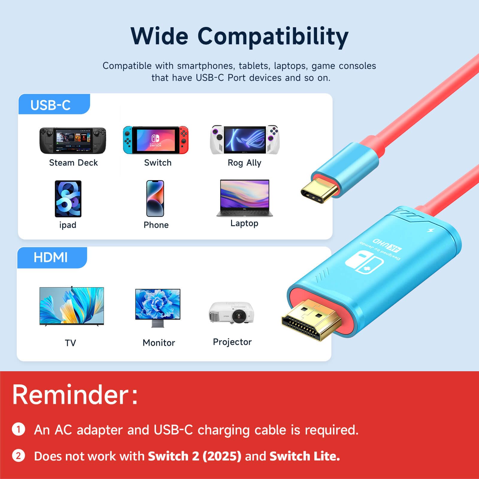 JEMDO Cavo da USB C a HDMI da 3 m, compatibile con Nintendo Switch NS/OLED/Steam Deck/ROG Ally only, connettore TV portatile per mirroring dello schermo, 4K a 30Hz, blu