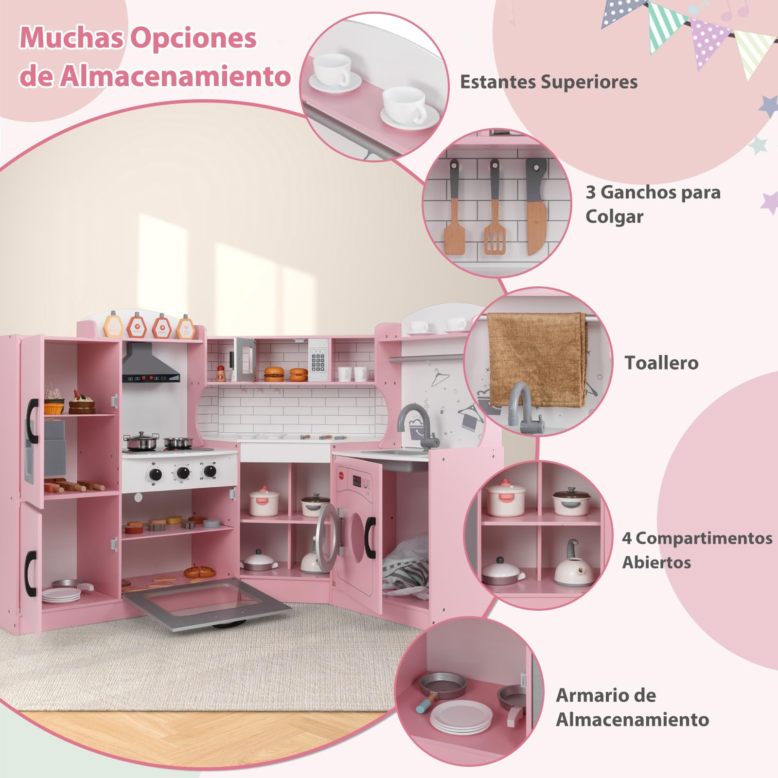 GOPLUS Cocina de Juguete de Esquina para Niños, Cocinita Infantil con Máquina de Hielo, Microondas, Estufa, Horno, Fregadero, Lavadora, con Luces y Sonidos para Niños Pequeños de 3-10 Años (Rosa)