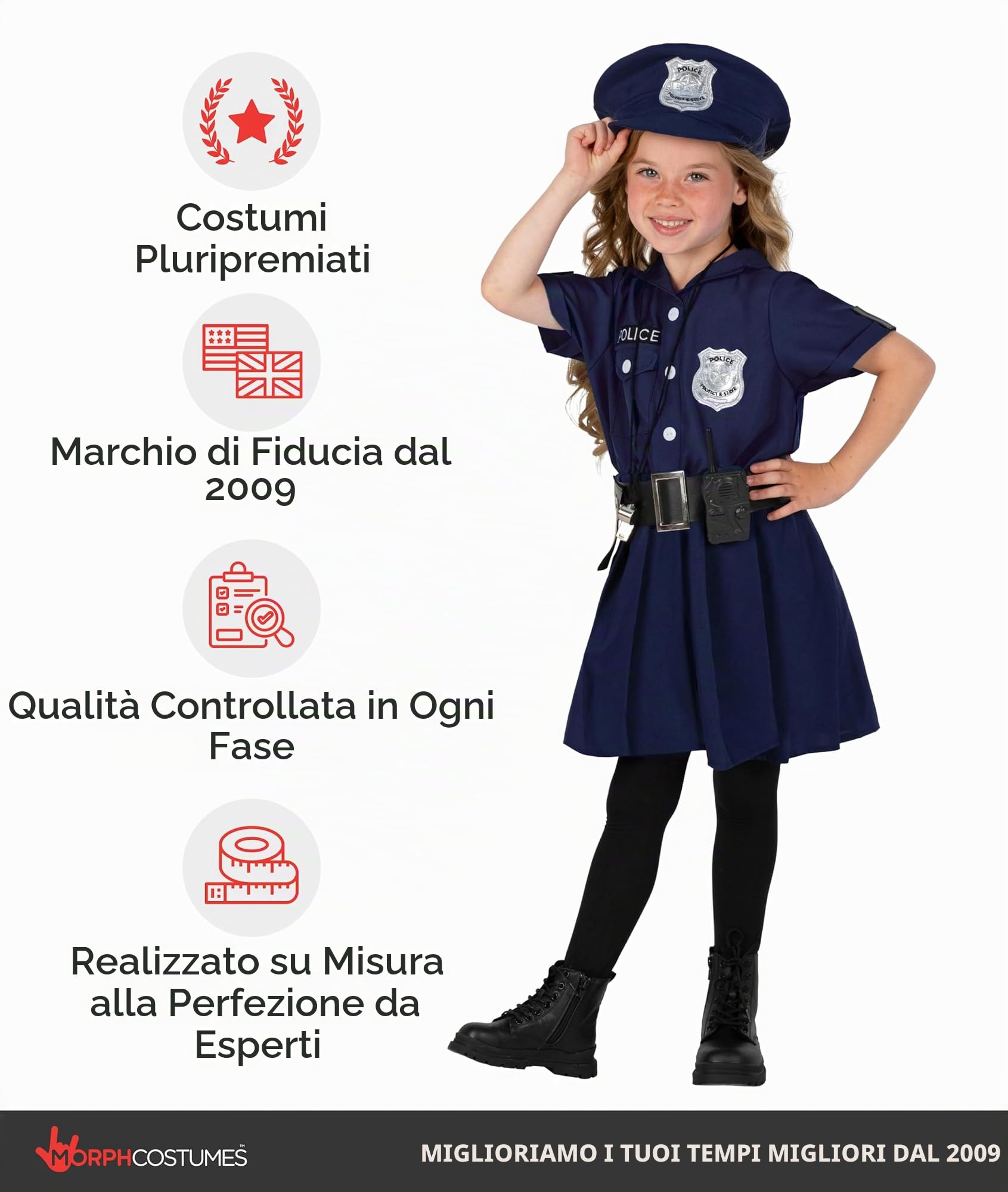 Morph Vestito Poliziotta Bambina, Costume Poliziotta Bambina, Costume Polizia Bambini L