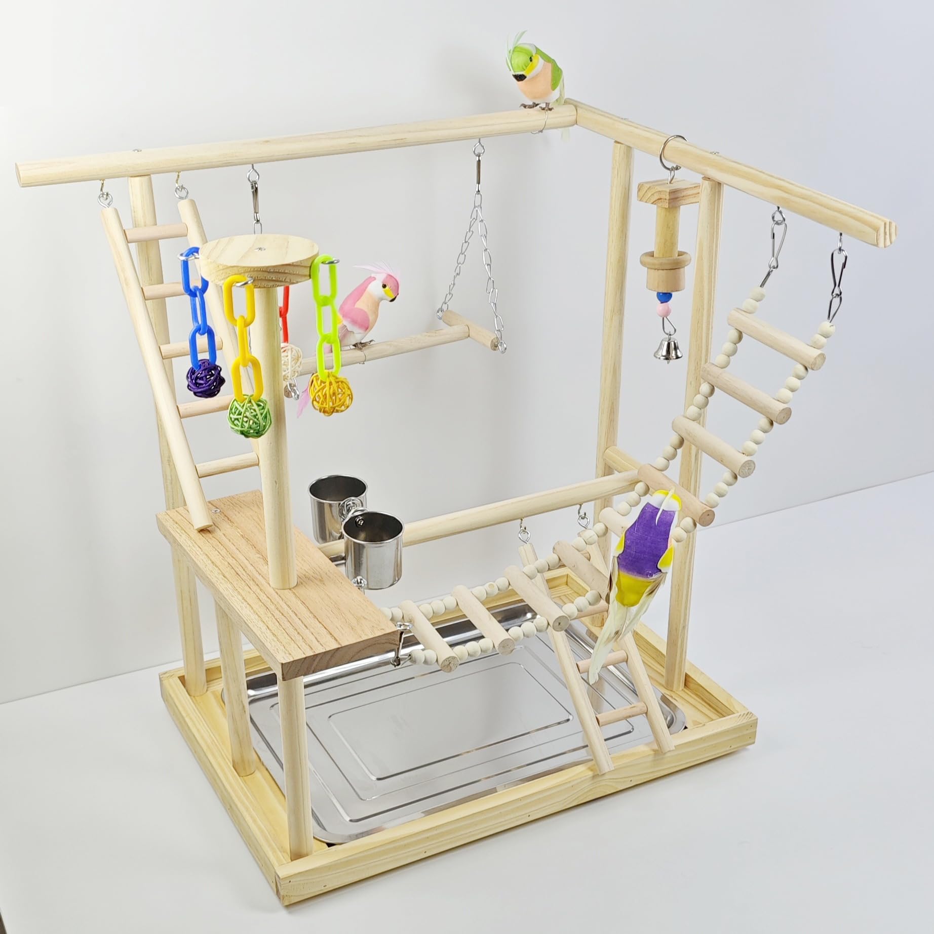 TEMU-SC Parque de Juego para Pájaros de Madera, Gimnasio para Pájaros, Juego de Ejercicio con Plataforma de Formación y Corralito (48 * 33 * 54,5CM)