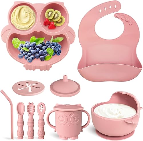 Baby Led Weaning Supplies - Juego de 10 piezas de silicona para bebés, precuchara y tenedor, babero ajustable, cuenco de silicona con succión para