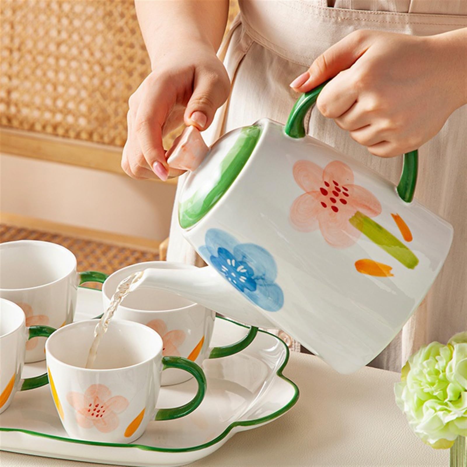 Jarra con Tapa Juego de tazas té con hervidor frío cerámica for el hogar, 8 piezas Jarra para té helado