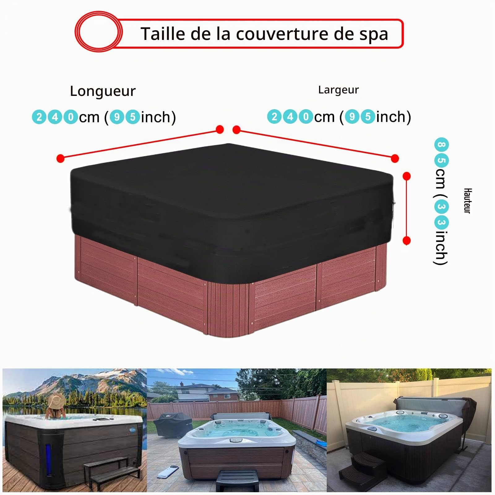 Bache Spa ImperméAble, 600D Couverture Spa, Housse De Protection pour Bain à Remous Étanche à la poussière et aux UV Coupe Vent - Noir (240 * 240 * 85cm)