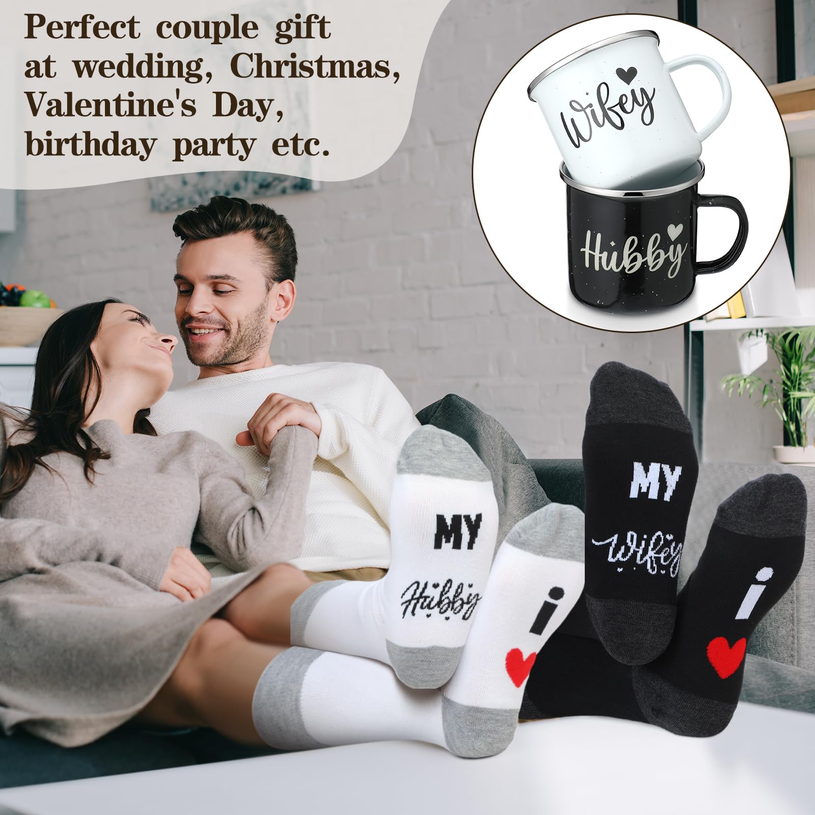 Domensi 4 Pack Hubby and Wifey Gifts Wifey and Hubby Enamel Couples Coffee Mugs Couples Socks for Bride Engagement Groom Wedding Gifts 2