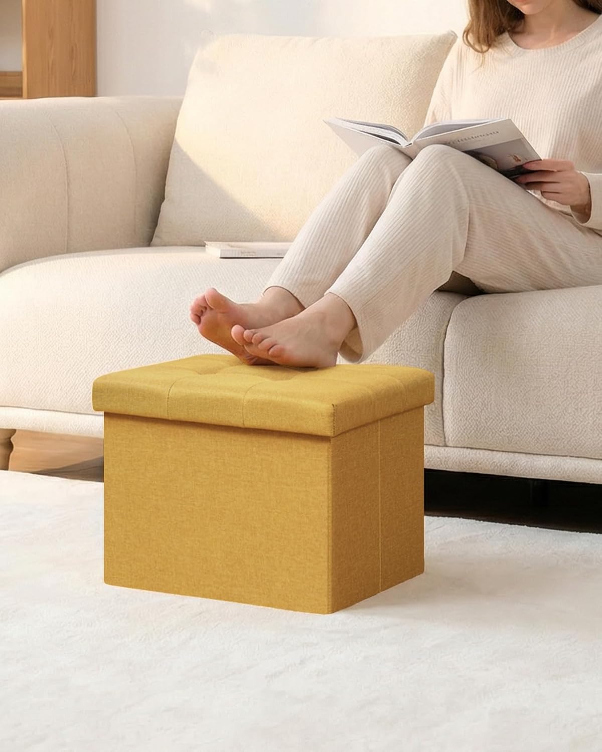 PINPLUS Button Tufted Folding Linen Storage Ottoman 16.5", 36L Collapsible Storage Cube with Lid, Supports 250 lbs, Fabric Foot Rest Ottoman for Living Room, Bedroom, Entryway,Yeelow