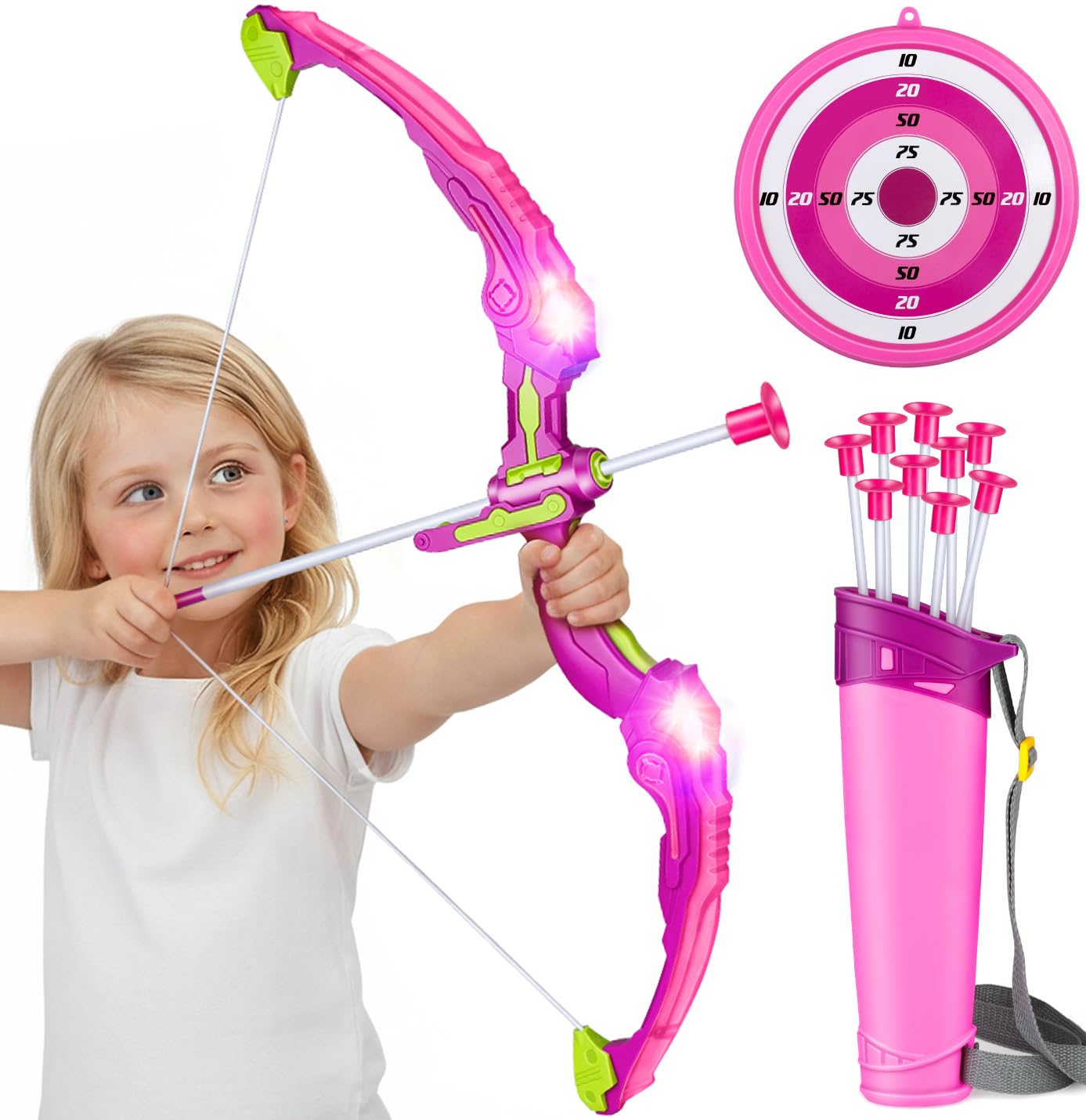 Own1one Kids Bow and Arrow Set for Girls with LED Lights, 2 in 1 Archery Set Includes 1 Bow, 10 Suction Cup Arrows & 1 Quivers, Indoor and Outdoor Toys Gifts for Girls Ages 4 5 6 7 8 Years Old (Pink)