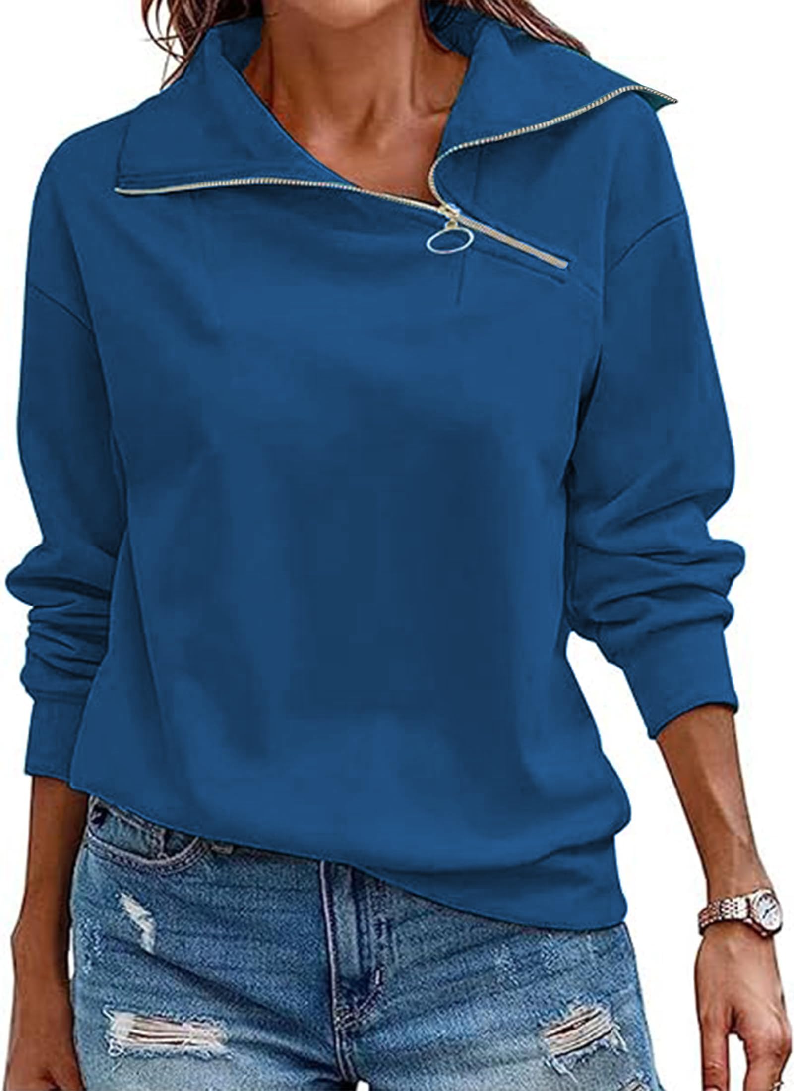 Cuptacc Felpa Donna Mezza Zip Scollo a V Maglia Donna Manica Lunga Casual Tinta Unita Autunno Camicia Donna Elegante