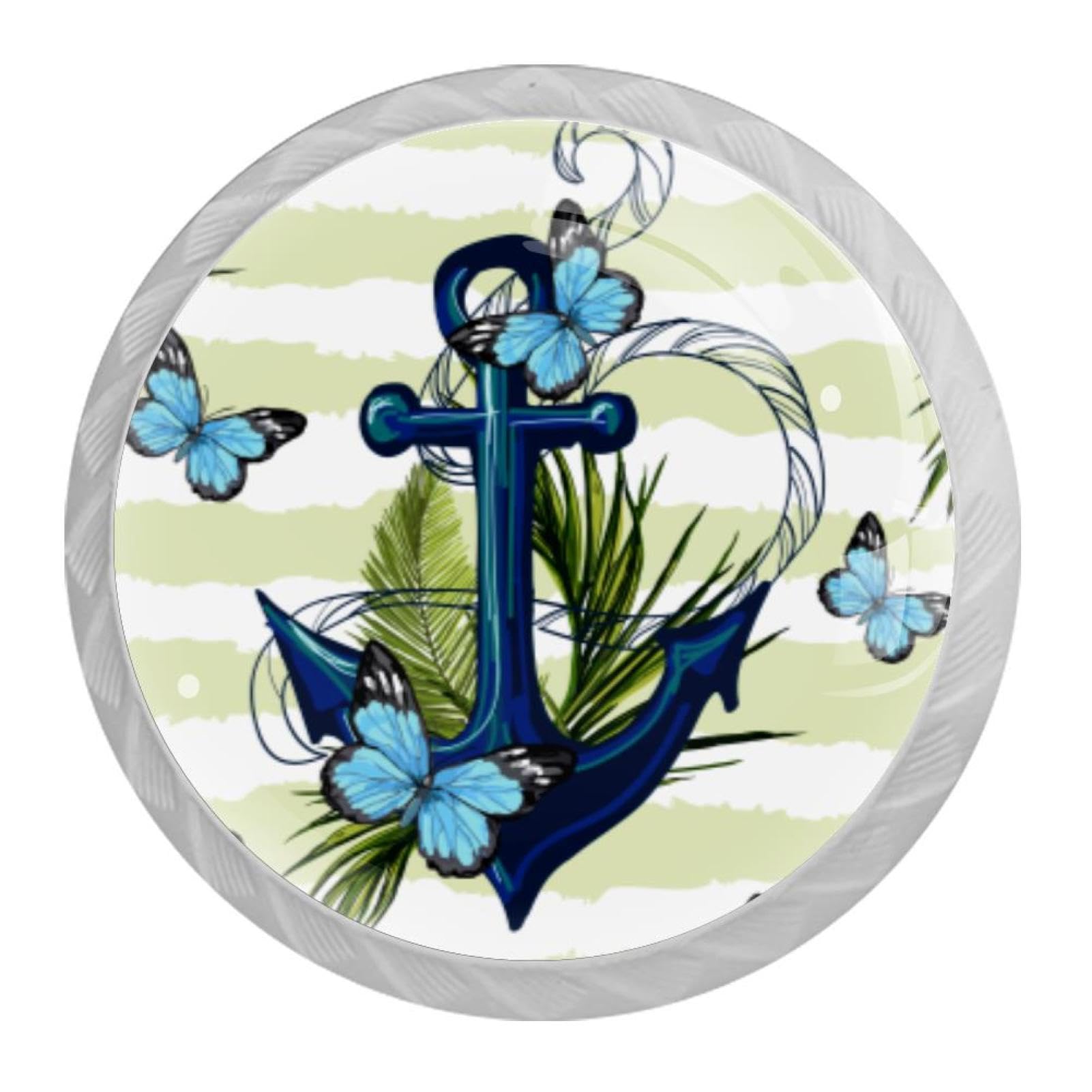 Tqmspg Multi13 4 Pieces Drawer Pulls Blue Butterfly And Anchor Door Knobs Dresser Handles For Kitchen Wardrobe Cupboard Hardware Furniture