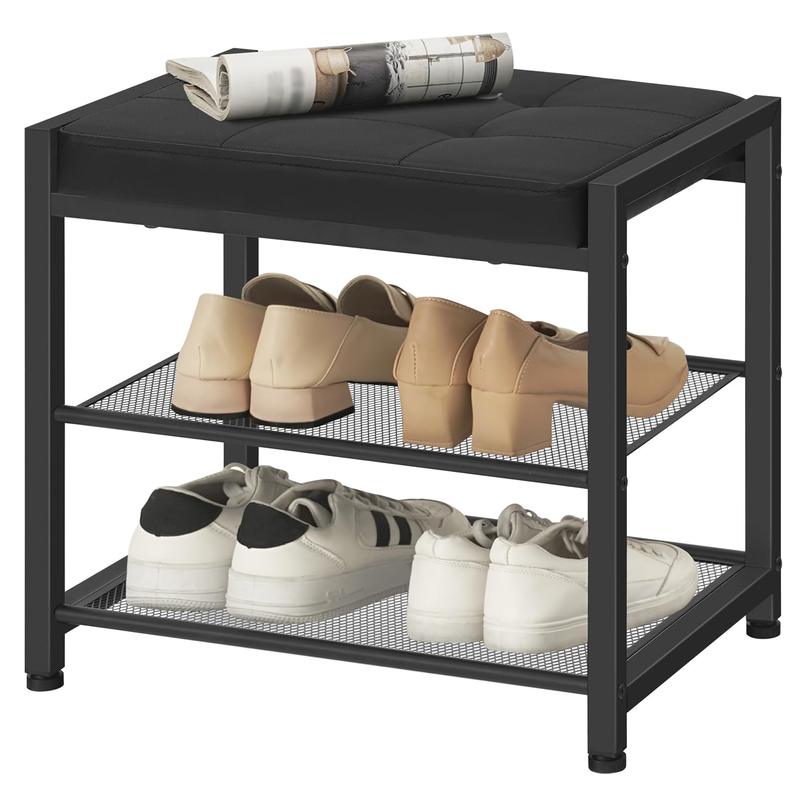 HOOBRO Schuhbank mit Sitzfläche aus PU, Sitzbank, Schuhregal mit gepolsterter Sitzbank, Schuhregal mit 2 Ablagen aus Metallgitter, Aufbewahrungsmöbel für Eingangsbereich, Schwarz EBB33HX01