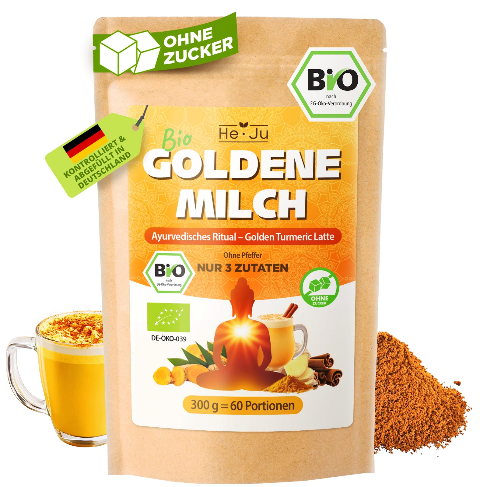 He-Ju Bio Goldene Milch Pur 300g (60 Portionen), Nur 3 Zutaten: Kurkuma, Ingwer & Ceylon Zimt, Ohne Pfeffer und ohne Zucker, ohne Zusätze, ayurvedisch & mild