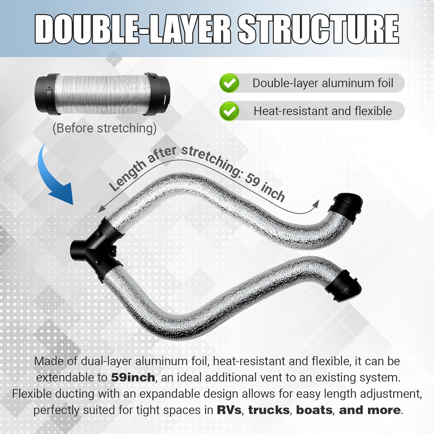 75mm / 2.95" Flexible Diesel Heater Ducting Pipe Extendable Warm Hot Air Duct Outlet Connector Fit for Eberspacher Airtronic D4 D5, for Webasto Air Top 3500 5000,Chinese Diesel Parking Heater 5KW 8KW