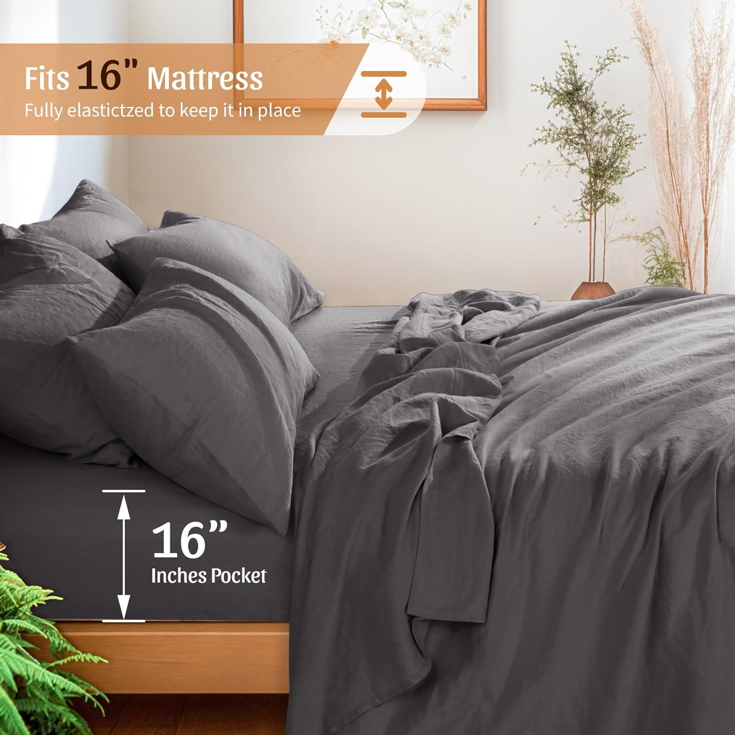 Shilucheng 100% French Linen Sheets - King Size Bed Sheets, Breathable & Cooling Pure Linen Sheets,Soft Durable and Tear Resistant -16 Inch Deep Pocket - 6Pcs (Dark Grey, King) - Image 6