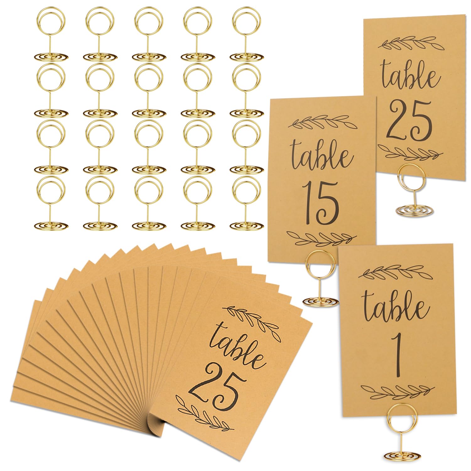 Wedding Table Numbers 1-25, 25 Karft Table Number Cards with 25 Gold Table Number Holders, 1 Set of 25 Table Numbers for Wedding Reception, Birthday Party (Card and Holder)