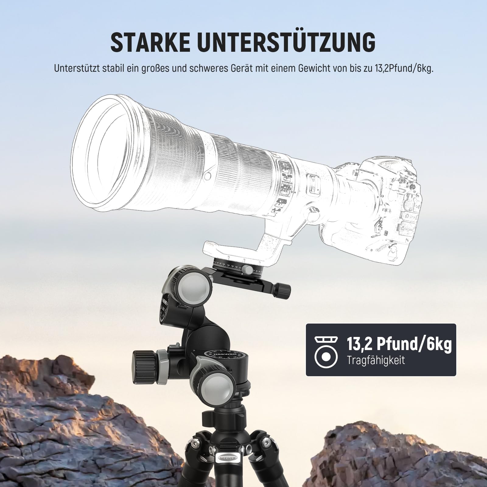 NEEWER TH15 3 Wege Stativkopf mit Getriebe, 3 Achsen Schwenk Neigekopf aus Alu. mit Grob und Feineinstellung, 360°Pan Arca Schnellwechselplatte Millimeter Feineinstellung Reinigungstuch max. Last 6kg
