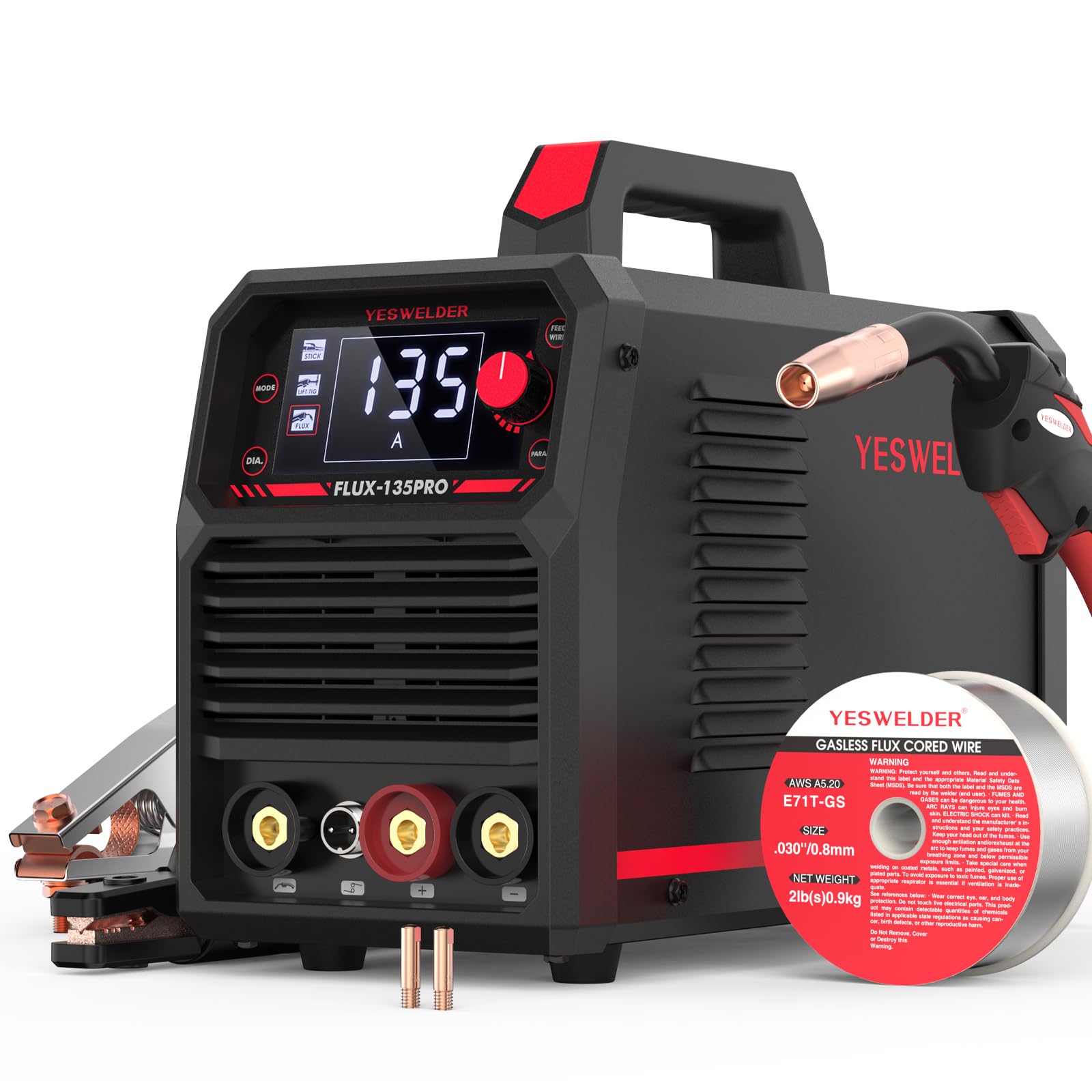 YESWELDER 135Amp Saldatrice MIG Senza Gas 230V Saldatrice a Filo Continuo Saldatrici Flux MIG/Lift TIG/Stick 3-in-1 Saldatore Grande Display Digitale LED Inverter IGBT