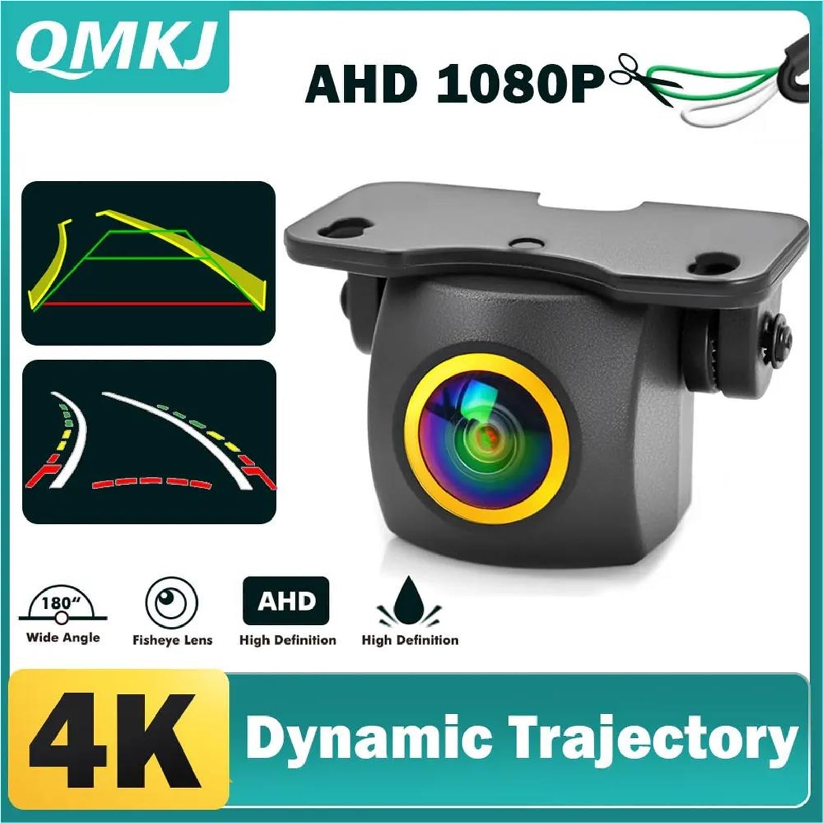 Cámara Trasera Coche AHD 1080P Lente Dorada Coche Trayectoria Dinámica Inteligente Guía Móvil Línea Estacionamiento HD Vista Trasera Cámara Pistas(1080)