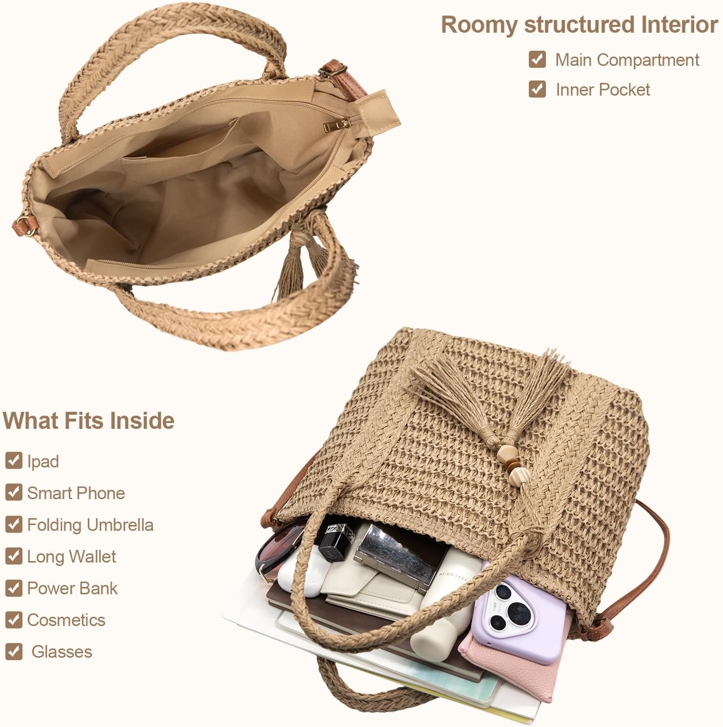 Long Keeper Straw Beach Bag - Women Woven Tote Bags Summer Crossbody Shoulder Bag Raffia Handbag for Travel Vacation Shopping | Lightweight